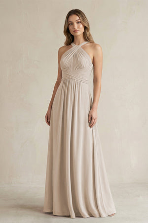 Cross Halter A - Line Pleated Bridesmaid Dress in Frost - SHE IS ME Bridesmaid Dresses