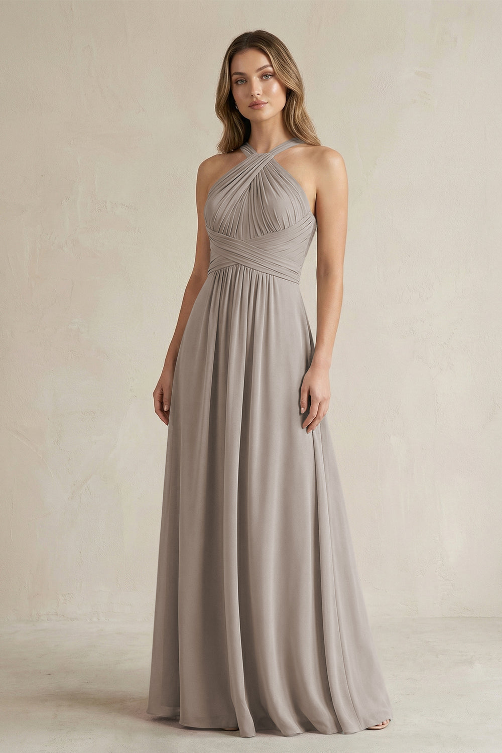 Cross Halter A-Line Pleated Bridesmaid Dress in Frost