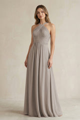Cross Halter A-Line Pleated Bridesmaid Dress in Frost | KISSBRIDAL