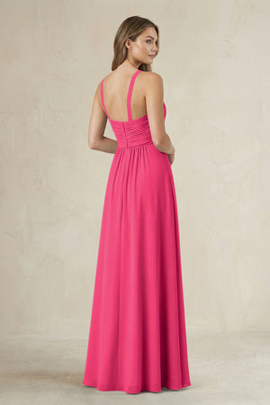 Cross Halter A-Line Pleated Bridesmaid Dress in Fuchsia (2) | KISSBRIDAL