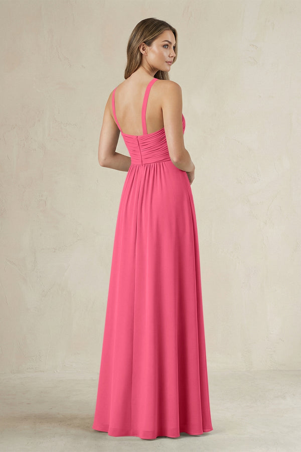 Cross Halter A - Line Pleated Bridesmaid Dress in Fuchsia - SHE IS ME Bridesmaid Dresses