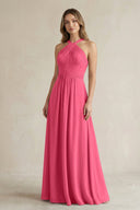 Cross Halter A - Line Pleated Bridesmaid Dress in Fuchsia - SHE IS ME Bridesmaid Dresses