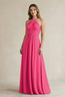 Cross Halter A-Line Pleated Bridesmaid Dress in Fuchsia | KISSBRIDAL