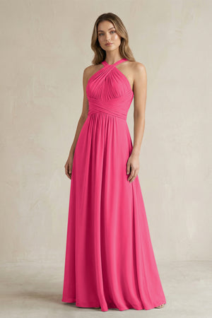 Cross Halter A-Line Pleated Bridesmaid Dress in Fuchsia | KISSBRIDAL