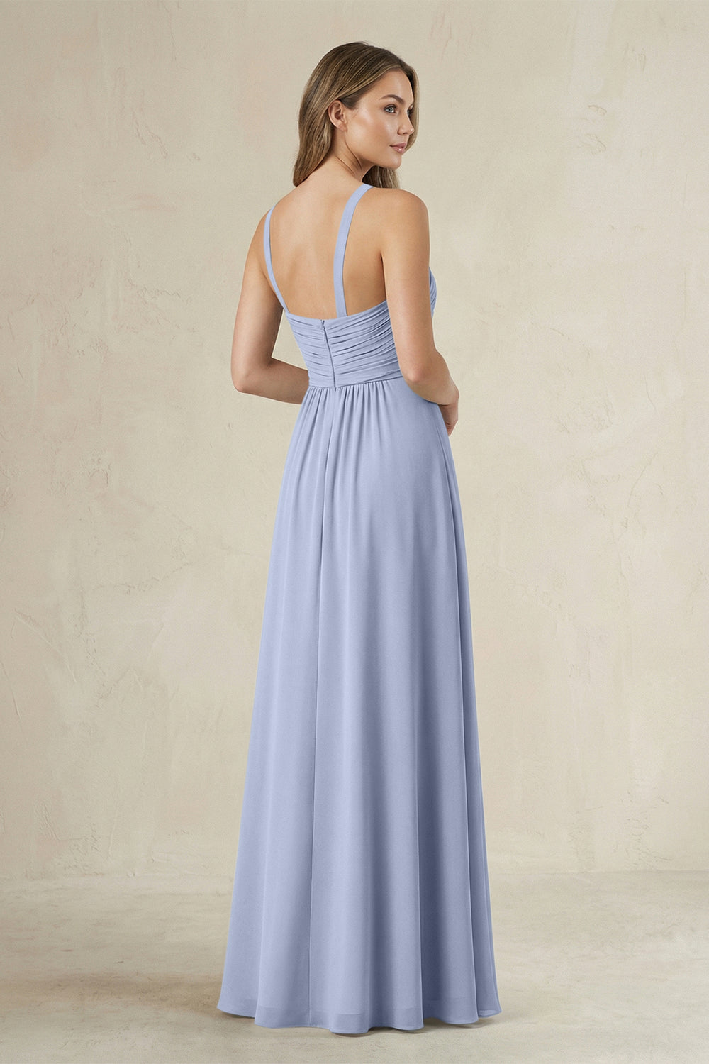 Cross Halter A-Line Pleated Bridesmaid Dress in Ice