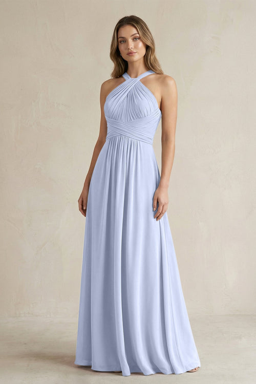 Cross Halter A - Line Pleated Bridesmaid Dress in Ice - SHE IS ME Bridesmaid Dresses