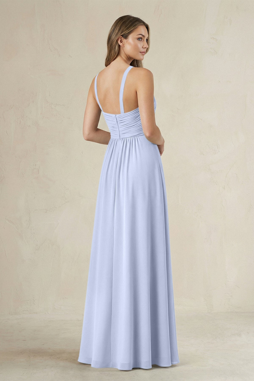 Cross Halter A - Line Pleated Bridesmaid Dress in Ice - KISS BRIDAL Bridesmaid Dresses
