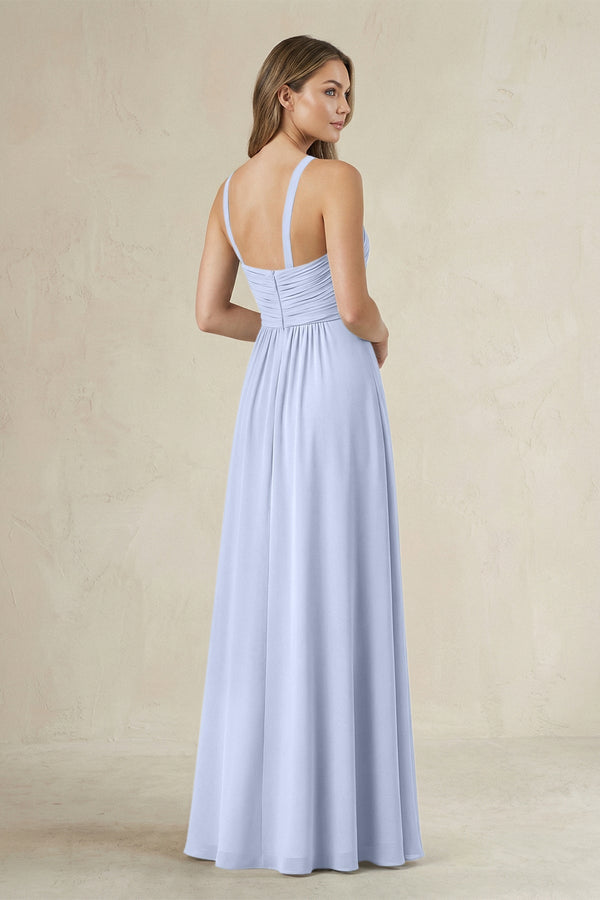 Cross Halter A - Line Pleated Bridesmaid Dress in Ice - SHE IS ME Bridesmaid Dresses