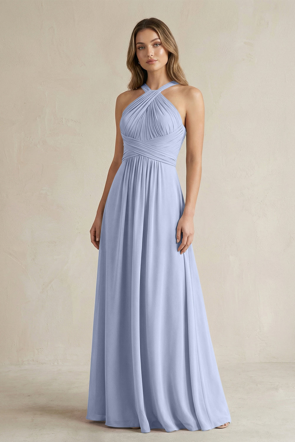 Cross Halter A-Line Pleated Bridesmaid Dress in Ice