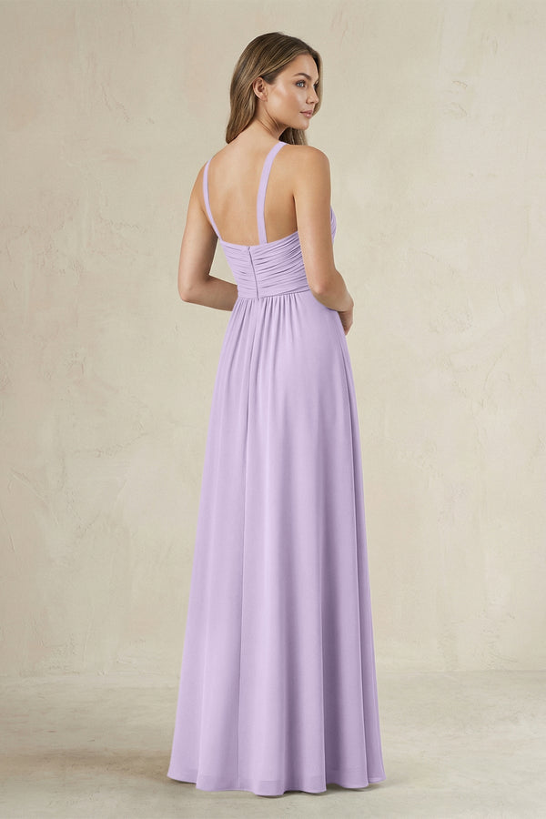 Cross Halter A - Line Pleated Bridesmaid Dress in Lavender - SHE IS ME Bridesmaid Dresses