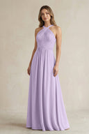 Cross Halter A - Line Pleated Bridesmaid Dress in Lavender - SHE IS ME Bridesmaid Dresses