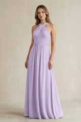 Cross Halter A - Line Pleated Bridesmaid Dress in Lavender - KISS BRIDAL Bridesmaid Dresses