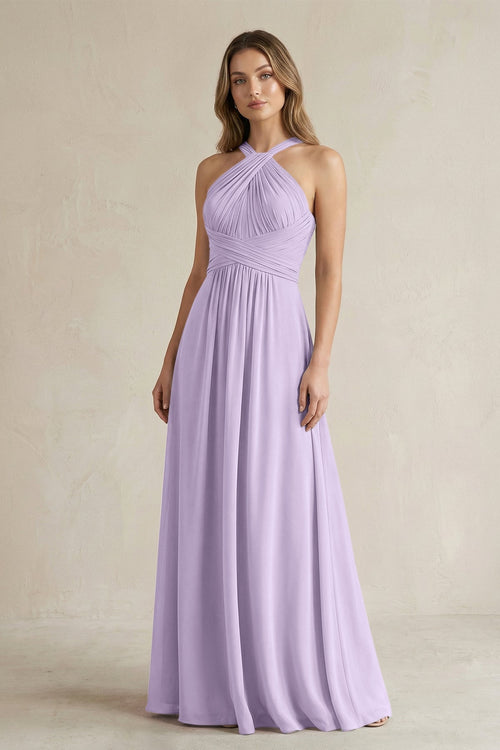 Cross Halter A - Line Pleated Bridesmaid Dress in Lavender - SHE IS ME Bridesmaid Dresses