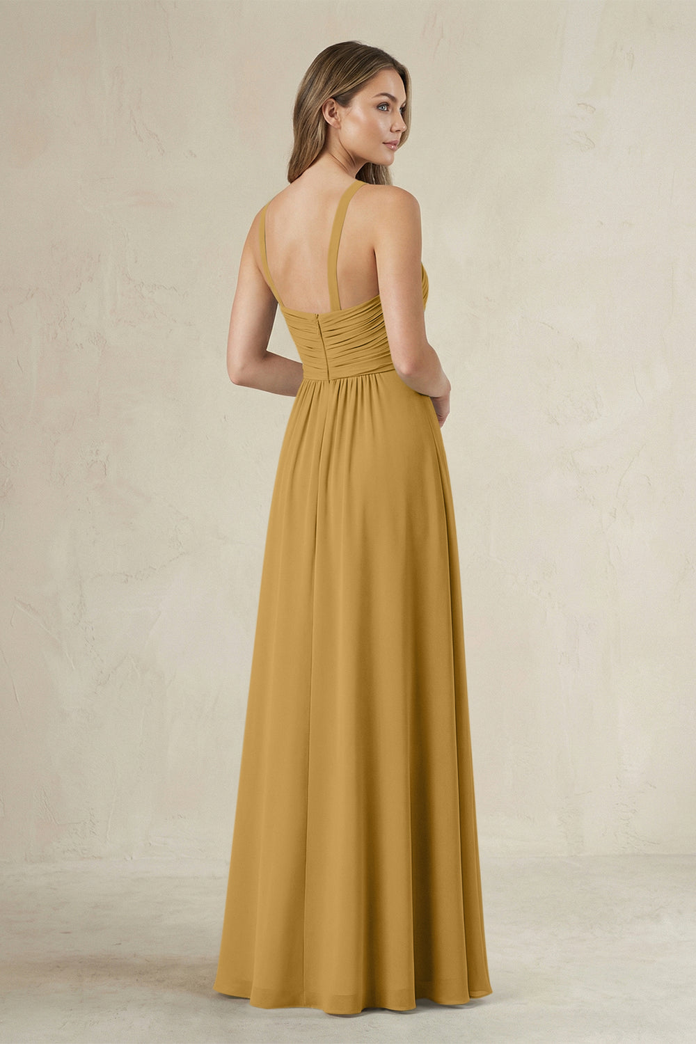 Cross Halter A-Line Pleated Bridesmaid Dress in Marigold