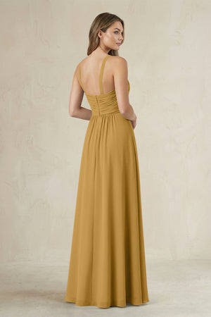Cross Halter A-Line Pleated Bridesmaid Dress in Marigold (2) | KISSBRIDAL