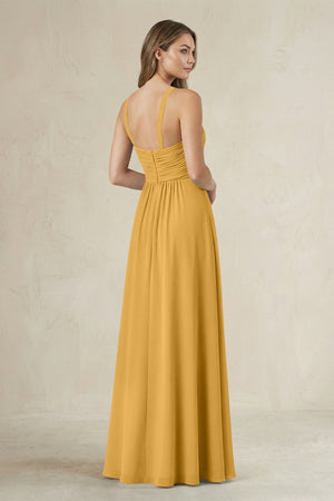 Cross Halter A - Line Pleated Bridesmaid Dress in Marigold - SHE IS ME Bridesmaid Dresses
