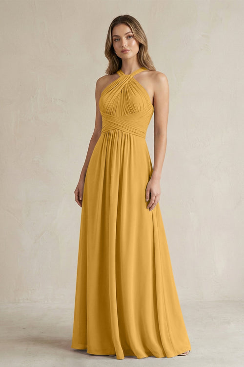 Cross Halter A - Line Pleated Bridesmaid Dress in Marigold - SHE IS ME Bridesmaid Dresses