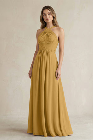 Cross Halter A-Line Pleated Bridesmaid Dress in Marigold | KISSBRIDAL