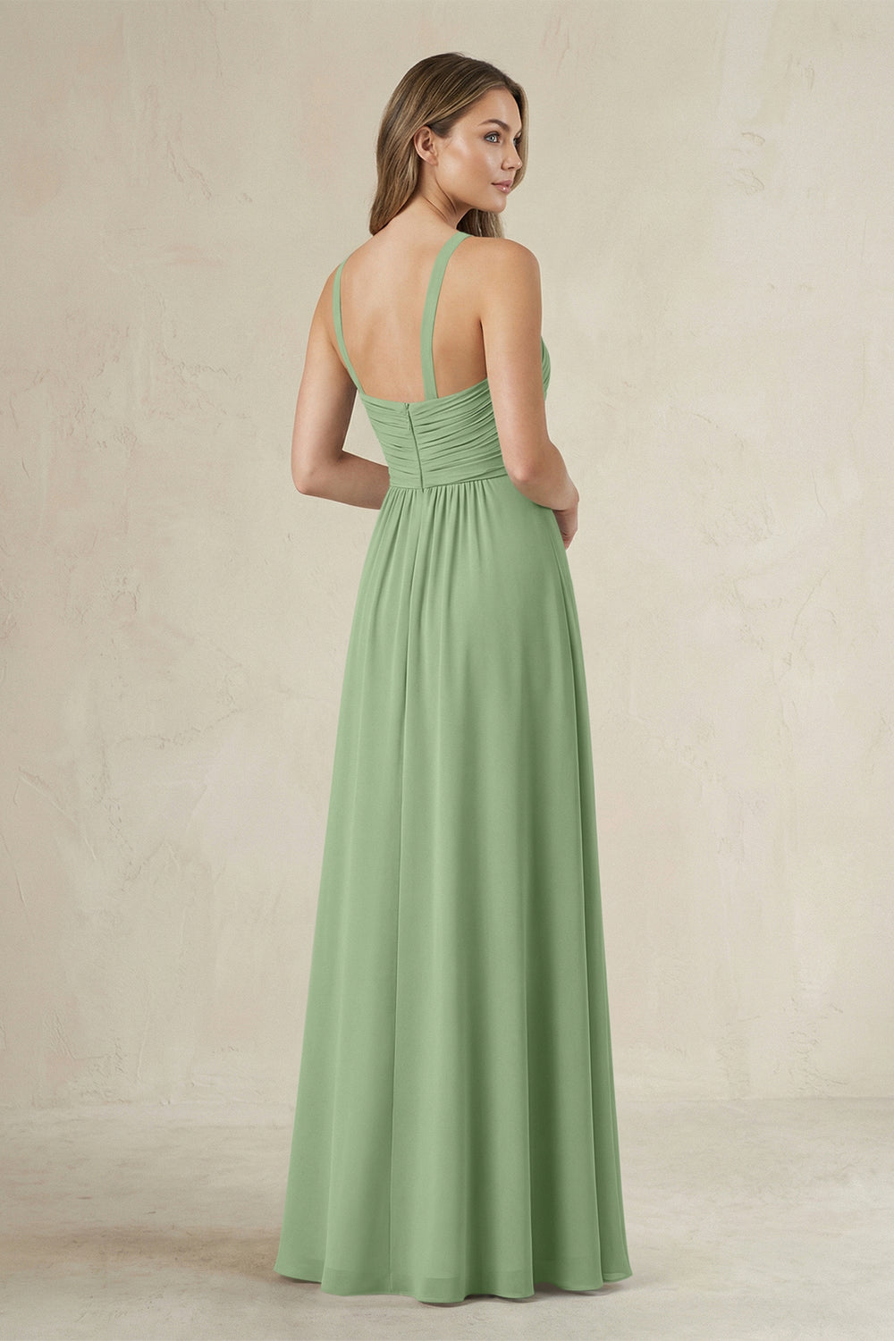 Cross Halter A-Line Pleated Bridesmaid Dress in Matcha
