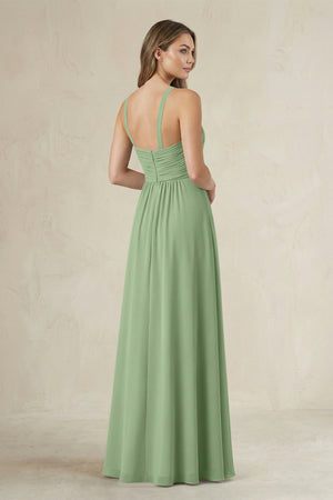 Cross Halter A-Line Pleated Bridesmaid Dress in Matcha (2) | KISSBRIDAL
