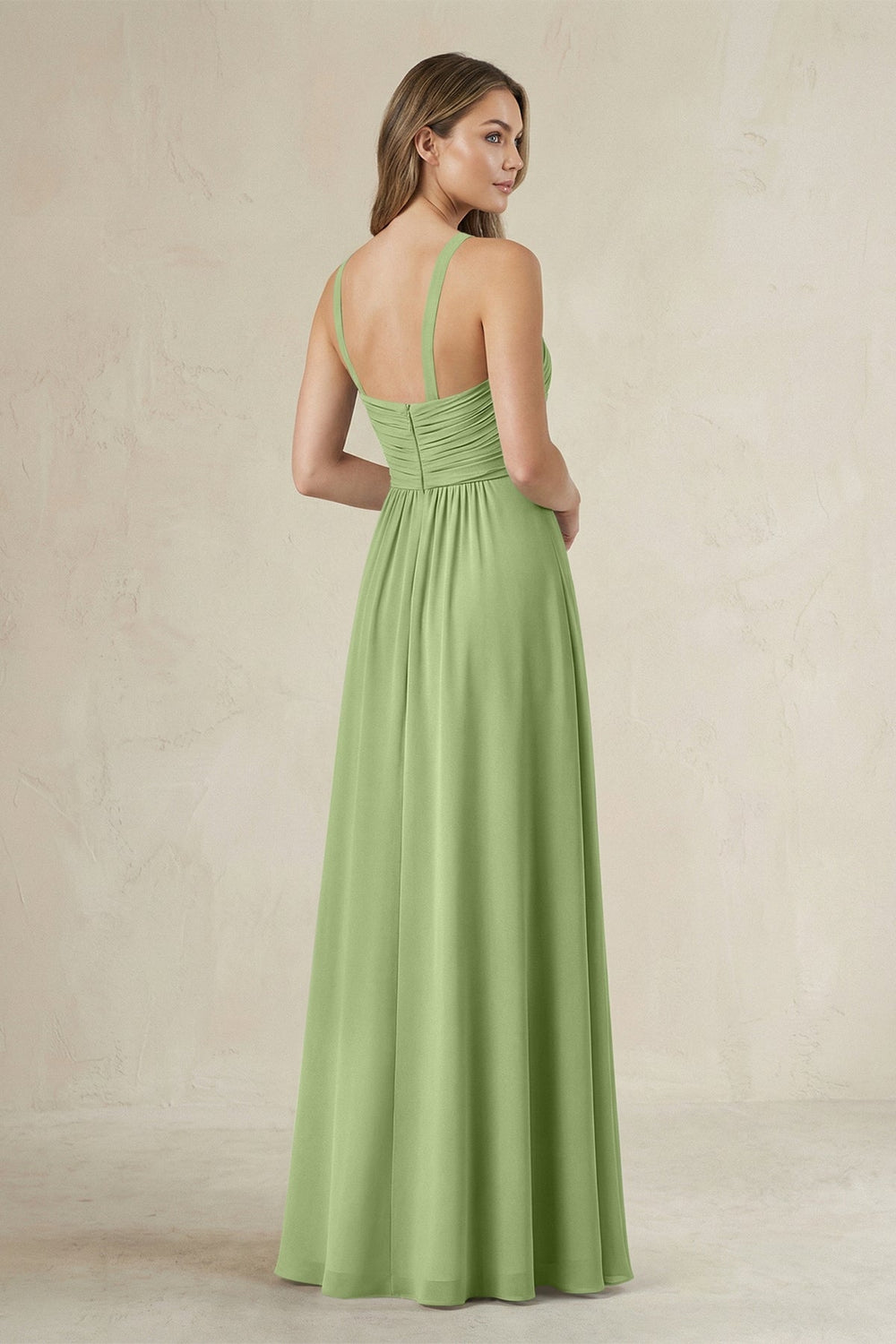 Cross Halter A - Line Pleated Bridesmaid Dress in Matcha - KISS BRIDAL Bridesmaid Dresses