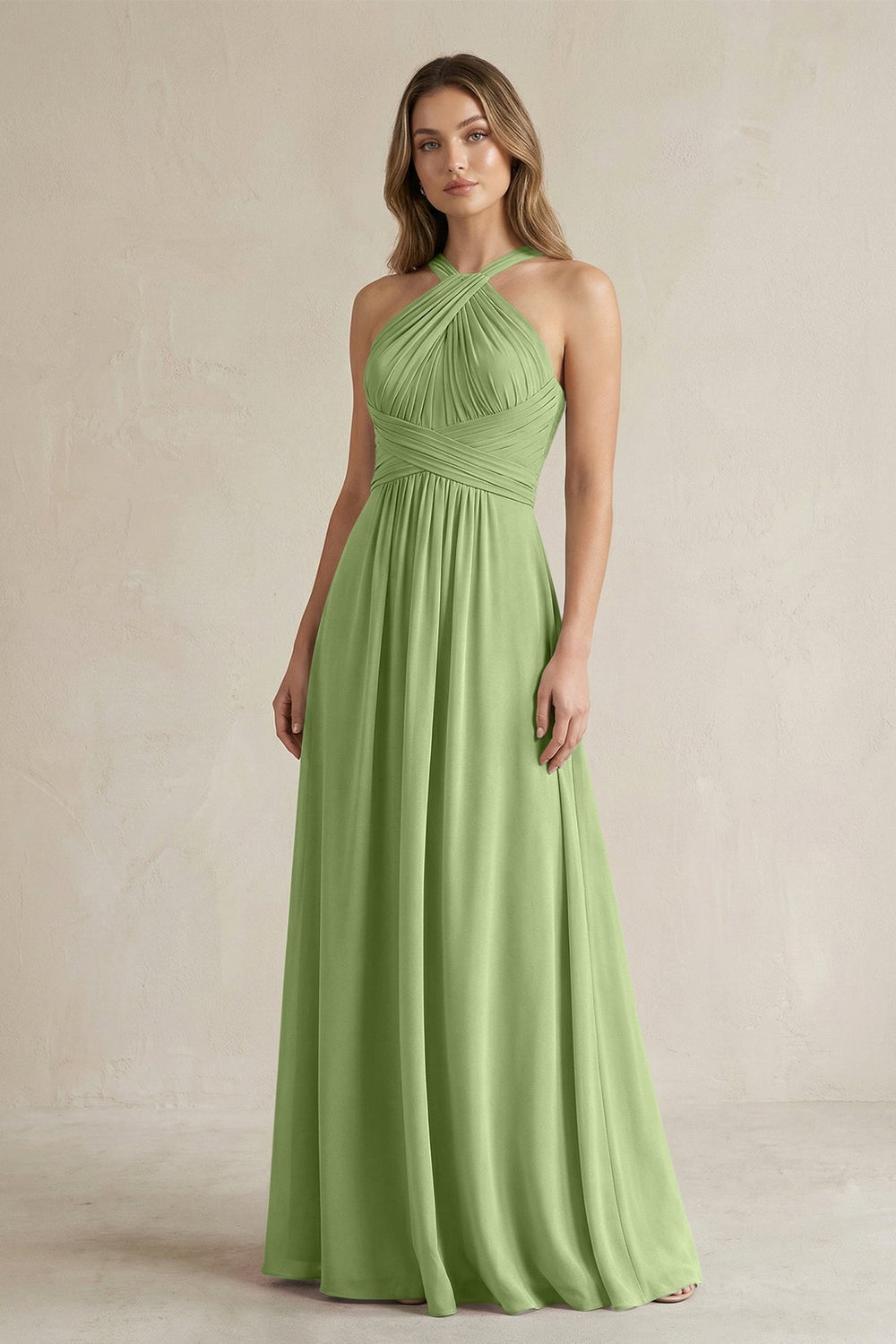 Cross Halter A - Line Pleated Bridesmaid Dress in Matcha - KISS BRIDAL Bridesmaid Dresses