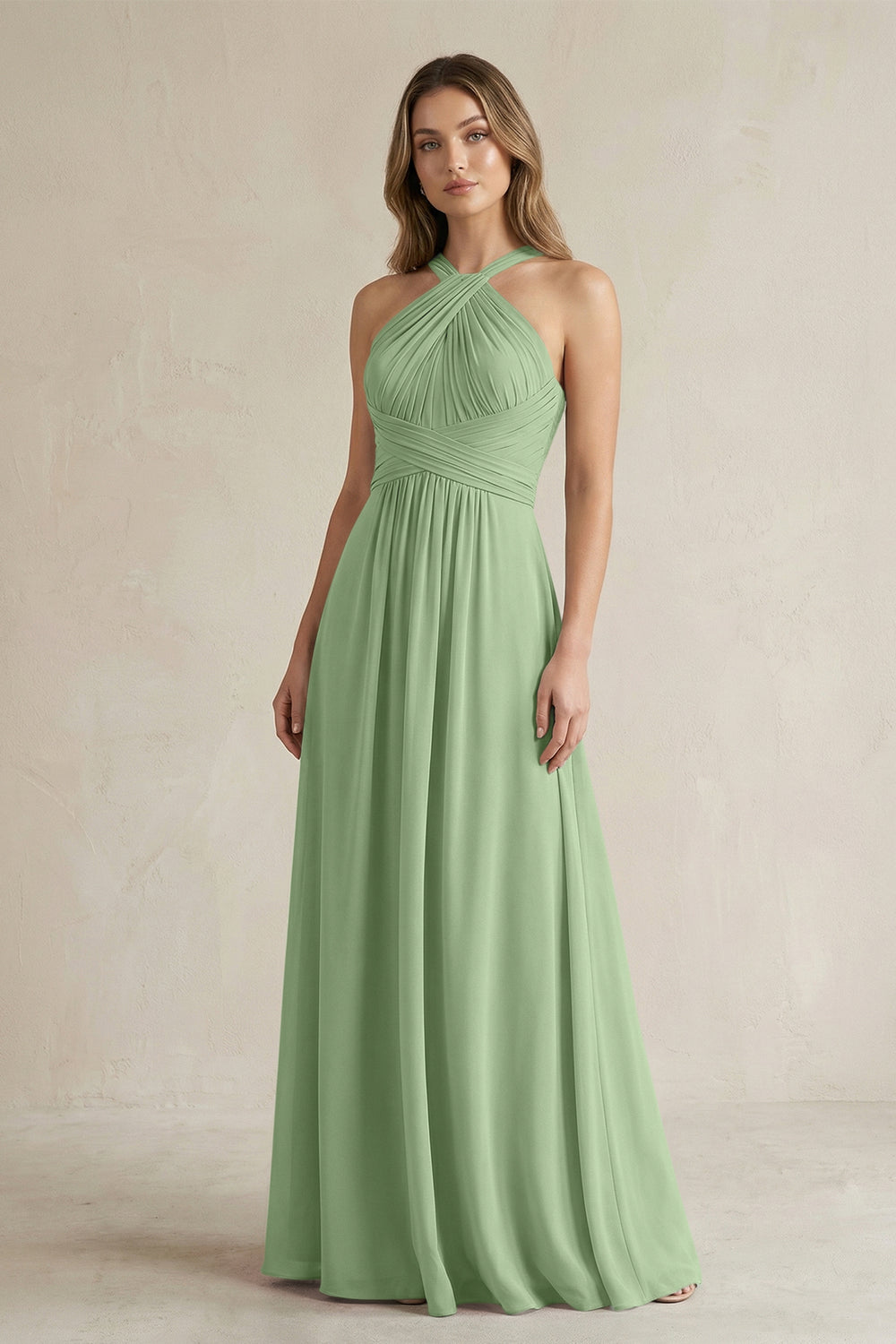 Cross Halter A-Line Pleated Bridesmaid Dress in Matcha