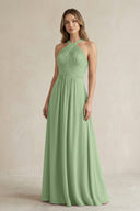 Cross Halter A-Line Pleated Bridesmaid Dress in Matcha | KISSBRIDAL