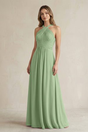 Cross Halter A-Line Pleated Bridesmaid Dress in Matcha | KISSBRIDAL