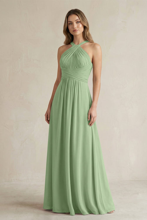 Cross Halter A-Line Pleated Bridesmaid Dress in Matcha | KISSBRIDAL