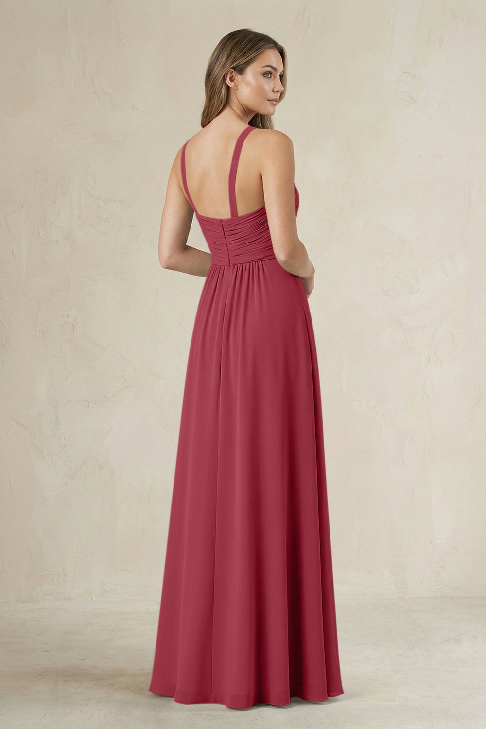 Cross Halter A-Line Pleated Bridesmaid Dress in Merlot