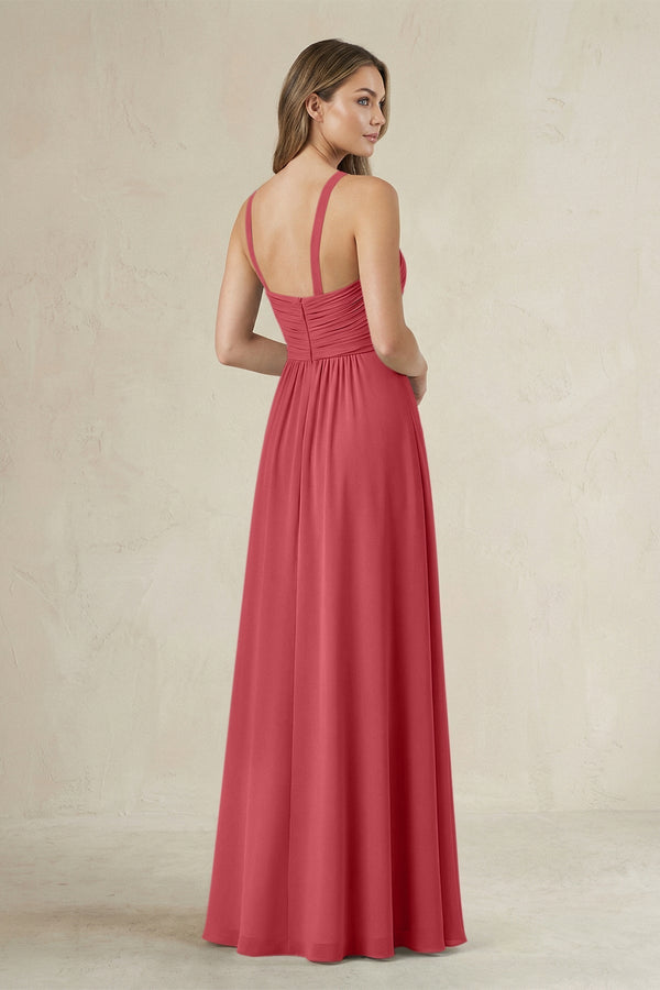 Cross Halter A - Line Pleated Bridesmaid Dress in Merlot - SHE IS ME Bridesmaid Dresses
