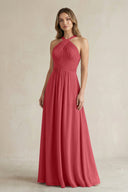 Cross Halter A - Line Pleated Bridesmaid Dress in Merlot - SHE IS ME Bridesmaid Dresses