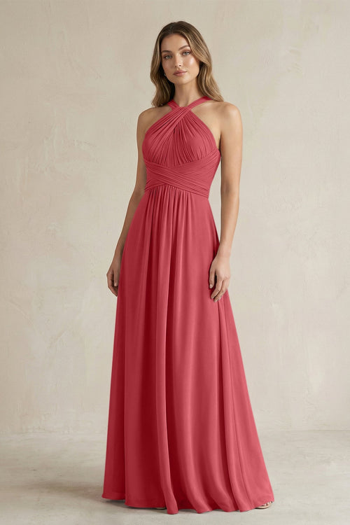 Cross Halter A - Line Pleated Bridesmaid Dress in Merlot - SHE IS ME Bridesmaid Dresses