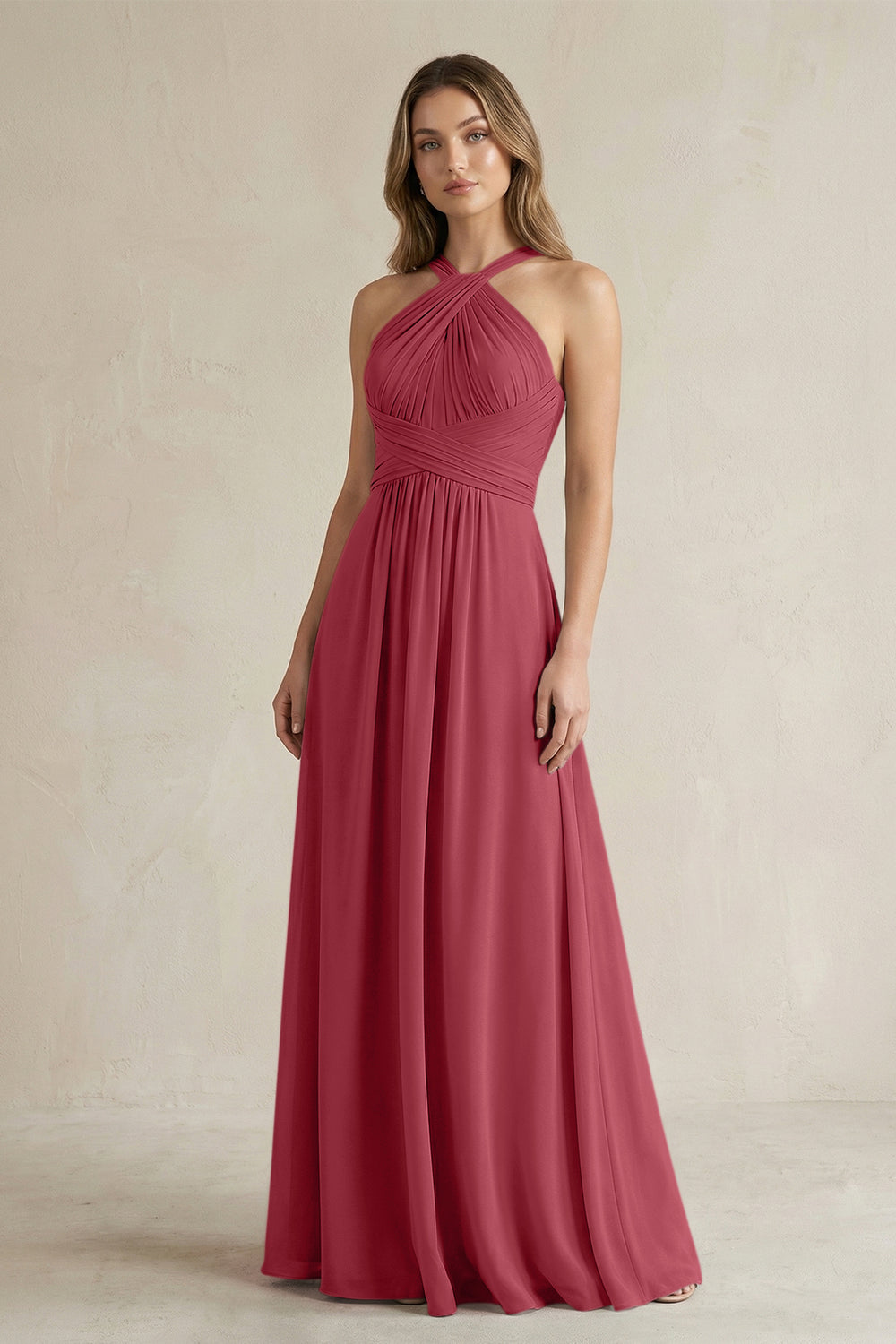 Cross Halter A-Line Pleated Bridesmaid Dress in Merlot