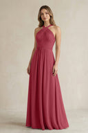 Cross Halter A-Line Pleated Bridesmaid Dress in Merlot | KISSBRIDAL