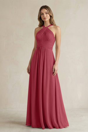 Cross Halter A-Line Pleated Bridesmaid Dress in Merlot | KISSBRIDAL