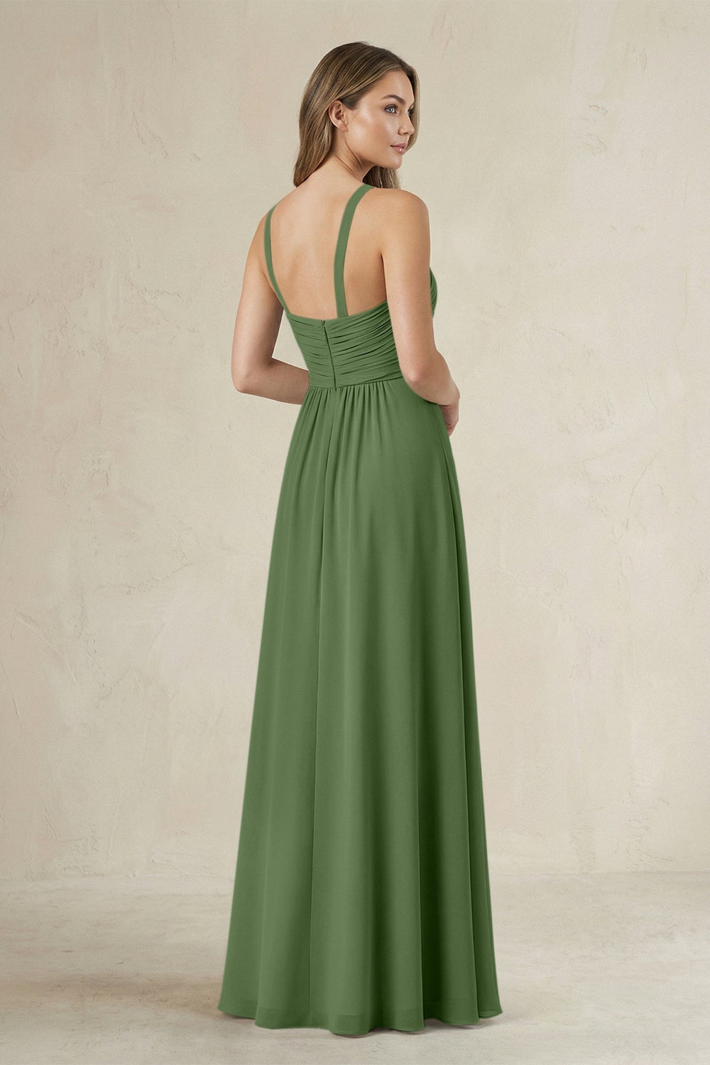 Cross Halter A - Line Pleated Bridesmaid Dress in Moss - KISS BRIDAL Bridesmaid Dresses