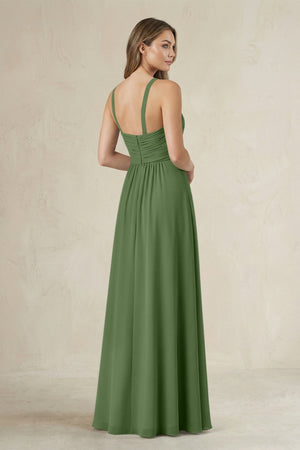 Cross Halter A - Line Pleated Bridesmaid Dress in Moss - SHE IS ME Bridesmaid Dresses