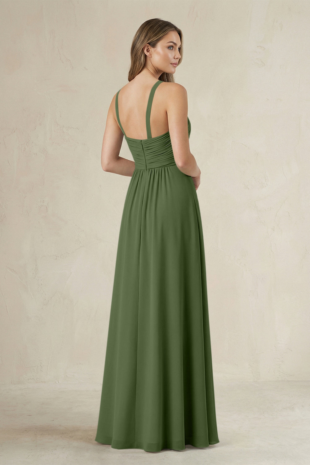 Cross Halter A-Line Pleated Bridesmaid Dress in Moss
