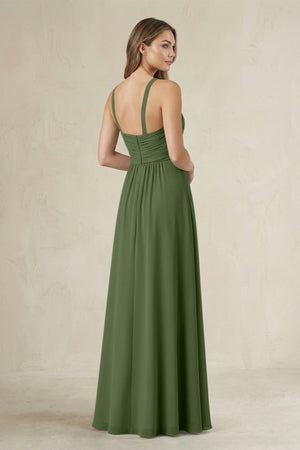 Cross Halter A-Line Pleated Bridesmaid Dress in Moss (2) | KISSBRIDAL