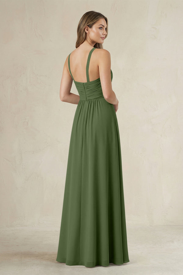 Cross Halter A-Line Pleated Bridesmaid Dress in Moss (2) | KISSBRIDAL