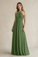 Cross Halter A - Line Pleated Bridesmaid Dress in Moss - SHE IS ME Bridesmaid Dresses