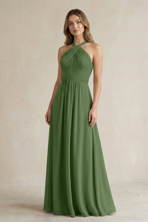 Cross Halter A - Line Pleated Bridesmaid Dress in Moss - SHE IS ME Bridesmaid Dresses