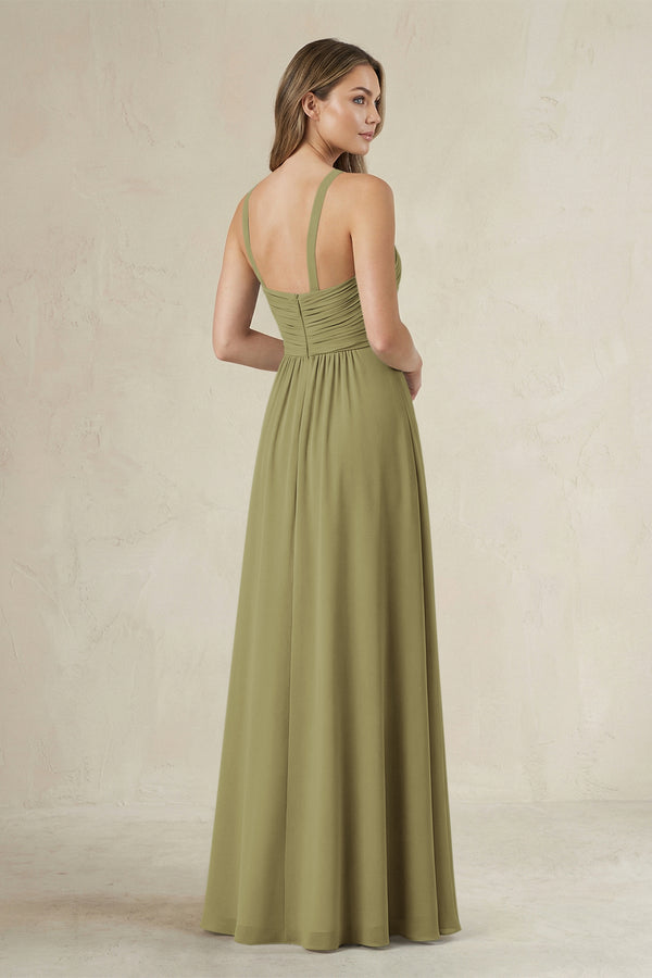 Cross Halter A-Line Pleated Bridesmaid Dress in Moss Green (2) | KISSBRIDAL
