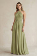 Cross Halter A - Line Pleated Bridesmaid Dress in Moss Green - SHE IS ME Bridesmaid Dresses