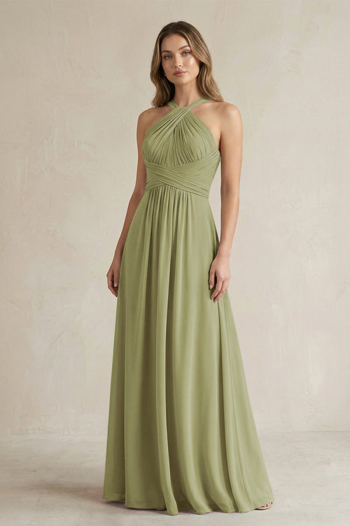 Cross Halter A - Line Pleated Bridesmaid Dress in Moss Green - SHE IS ME Bridesmaid Dresses
