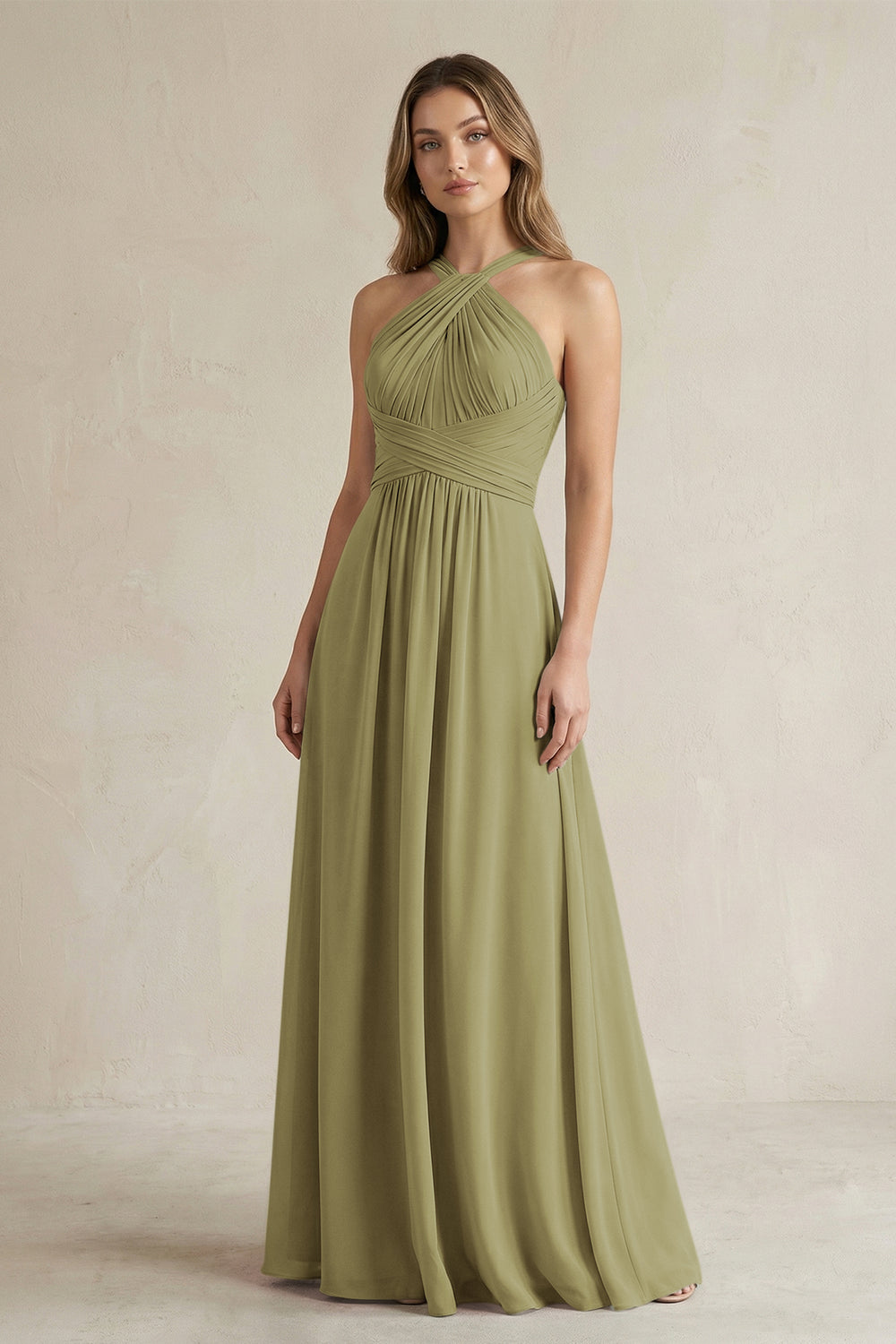 Cross Halter A-Line Pleated Bridesmaid Dress in Moss Green