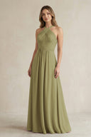 Cross Halter A-Line Pleated Bridesmaid Dress in Moss Green | KISSBRIDAL