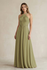 Cross Halter A-Line Pleated Bridesmaid Dress in Moss Green | KISSBRIDAL